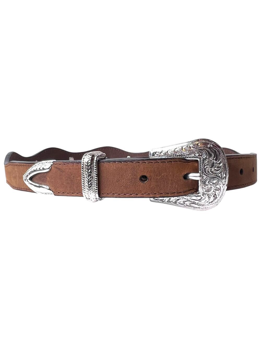 DDD Western Leather Belt in Brown Engraved Buckle Cowboy Style Women's Small